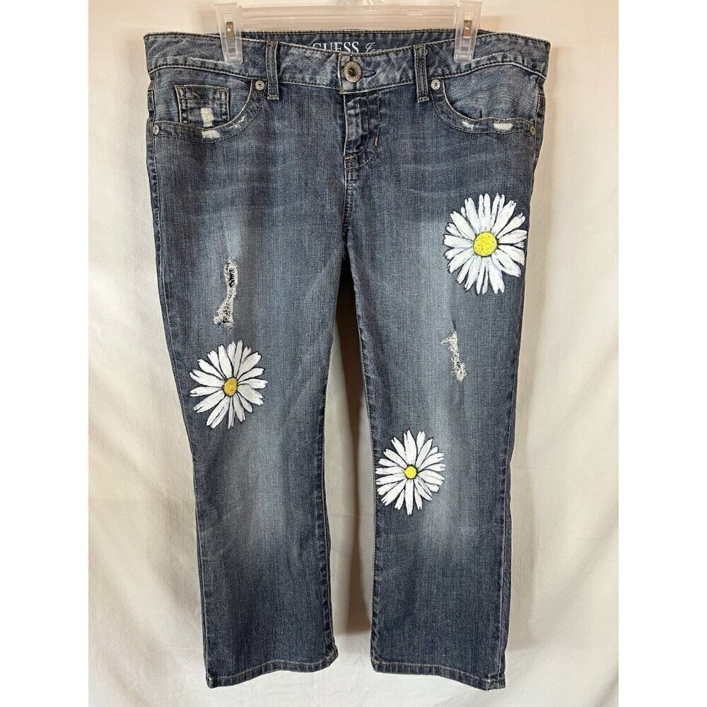 Guess Jeans LA 1981 Hand Painted Daisies 14/32 Distressed Wearable Art Low Rise